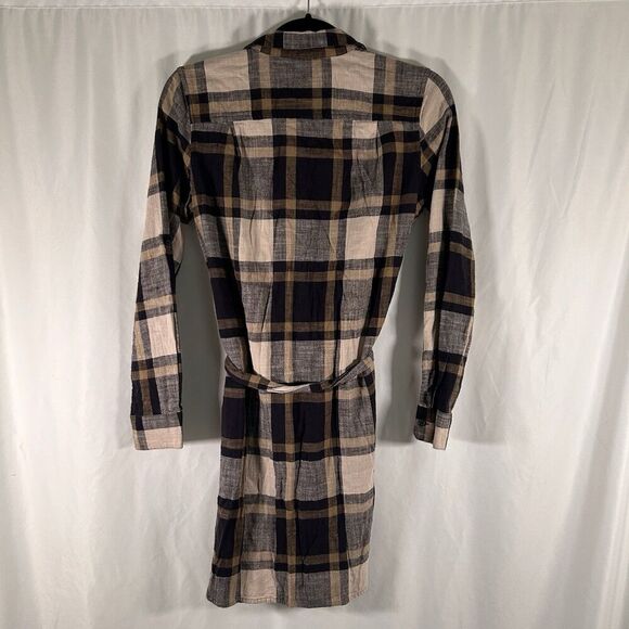LOFT Knee Length Dress Women's Small Petite Brown Blue Plaid Button Up Tie Waist - Picture 6 of 7